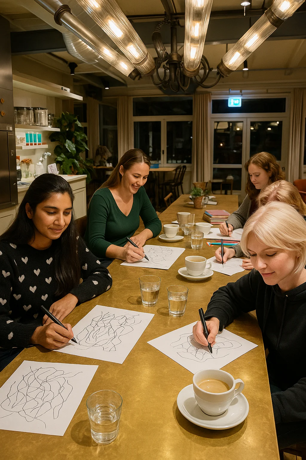 Evening workshop with women drawing neurographica at golden table